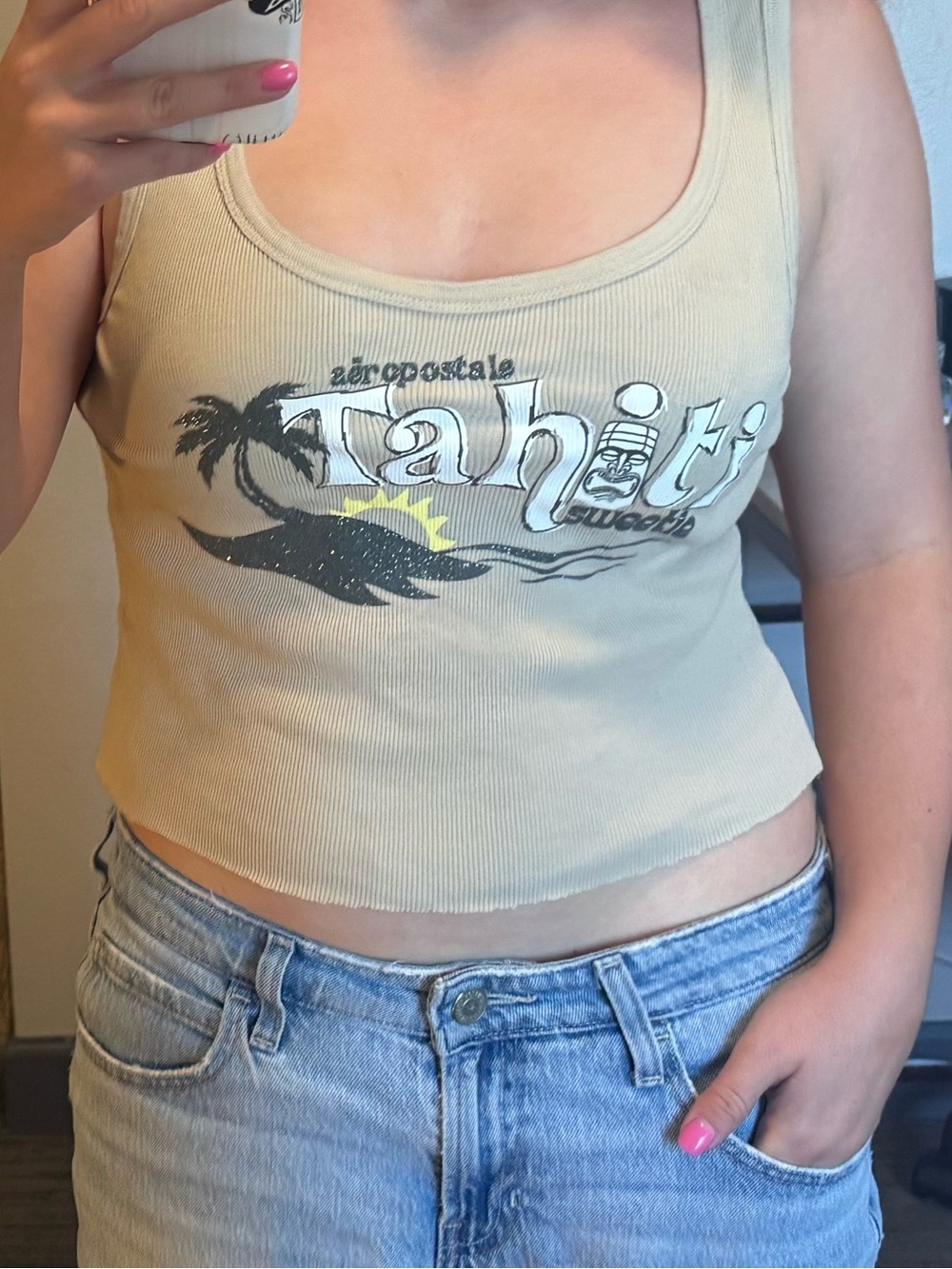 Aeropostale Beige Graphic Scoop Tank
